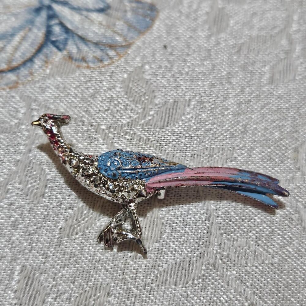 vintage boho twee pink blue silver tone pheasant brooch